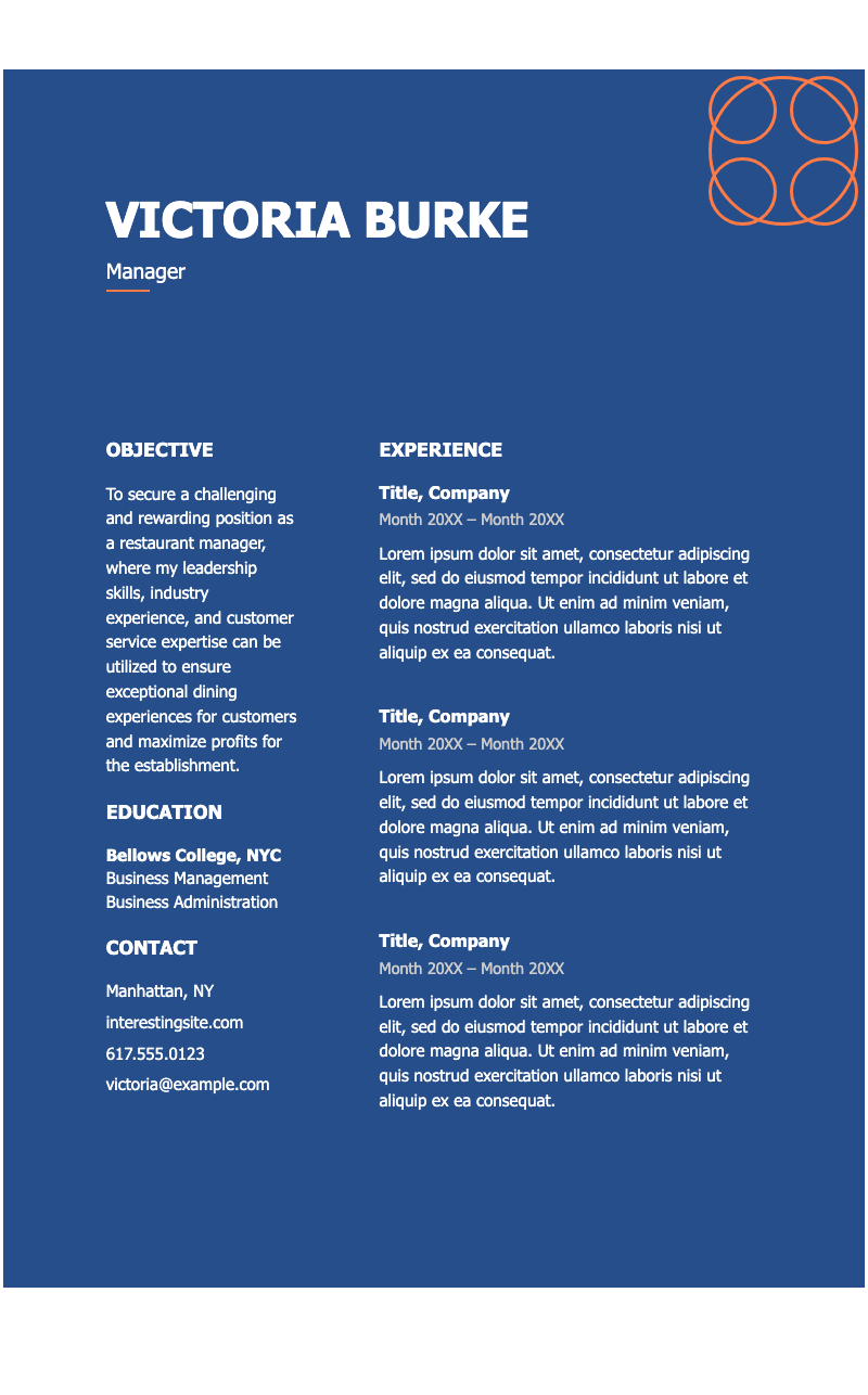 Creative food service resume - Modern single-column resume for hospitality professionals with experience and education sections.